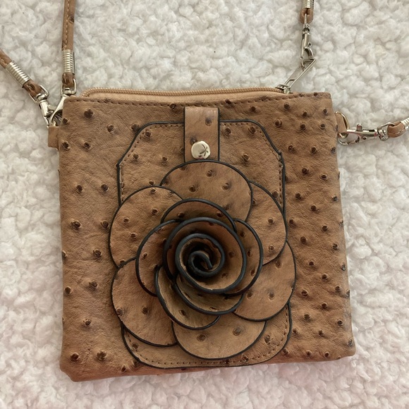 A’tu Handbags - A’tu flower rosette ostrich crossbody or wristlet champagne purse/bag